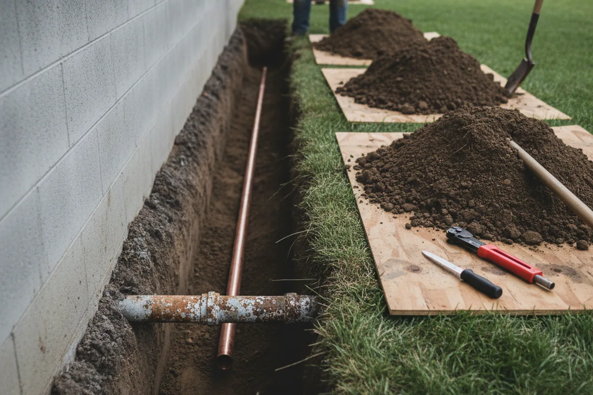 Excavated water line trench during Sewer Line Repair in Fontanelle